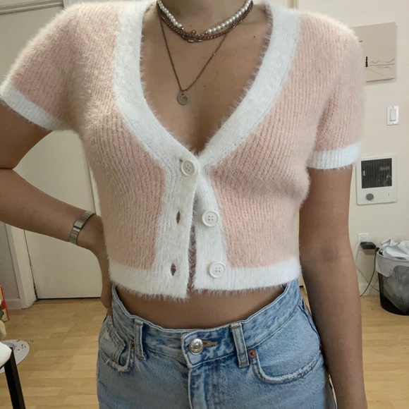 White And Pink Fluffy Cardigan Top 